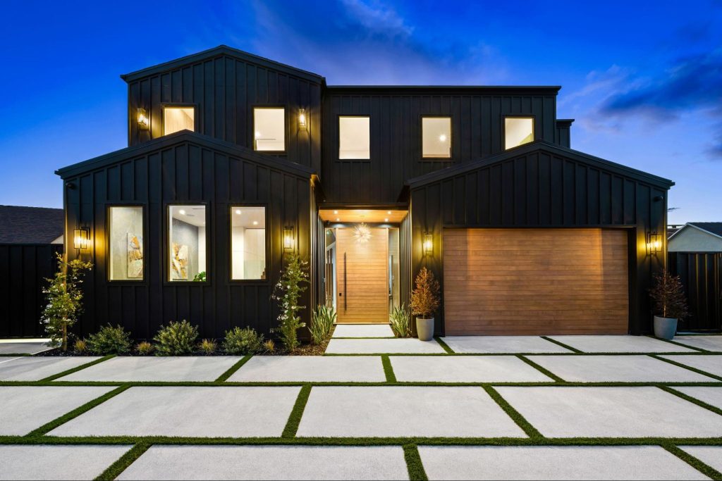 Wooden garage door on a modern home.